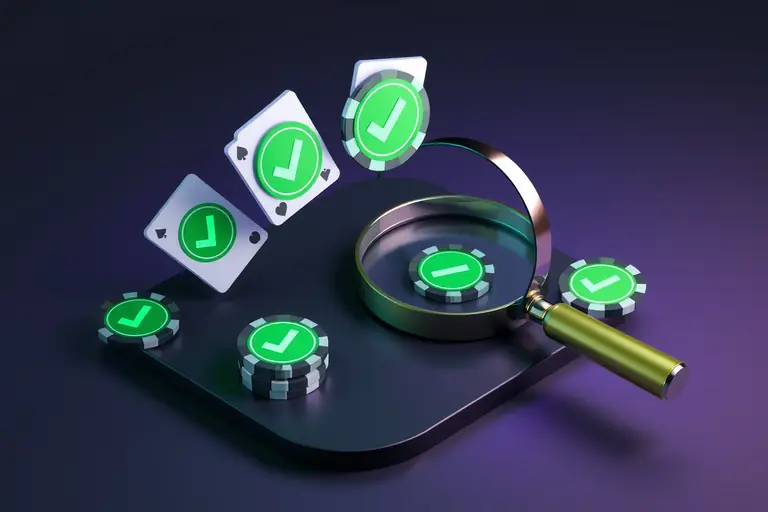 Illustration : loupe analysant des cartes et des jetons de casino