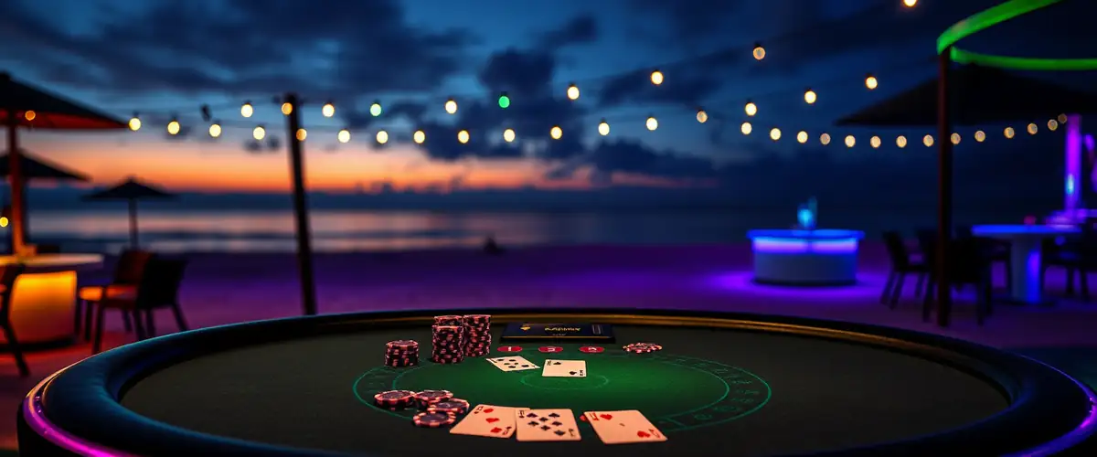 Table de blackjack sur la plage au crépuscule — bonus casino août 2026