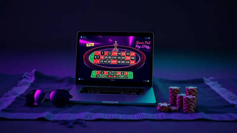 Roulette en ligne sur un ordinateur portable à la plage — jouer en août