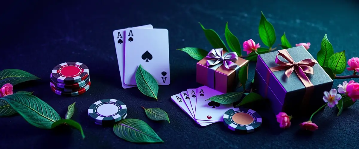 Jetons, cartes et cadeau parmi des feuilles de printemps — bonus casino avril 2026